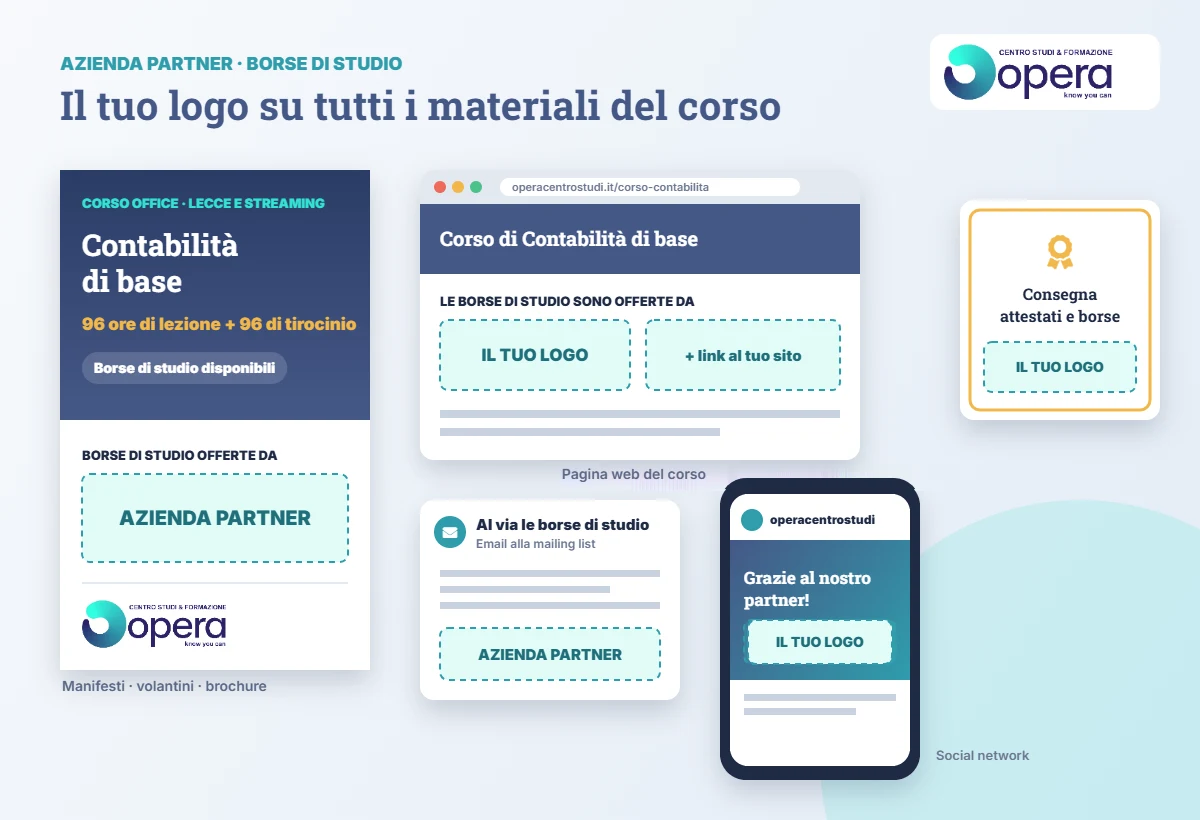 Azienda partner: il tuo logo su tutti i materiali del corso Logo dell’azienda partner su manifesti, pagina web, email, social e attestati di un corso OPERA