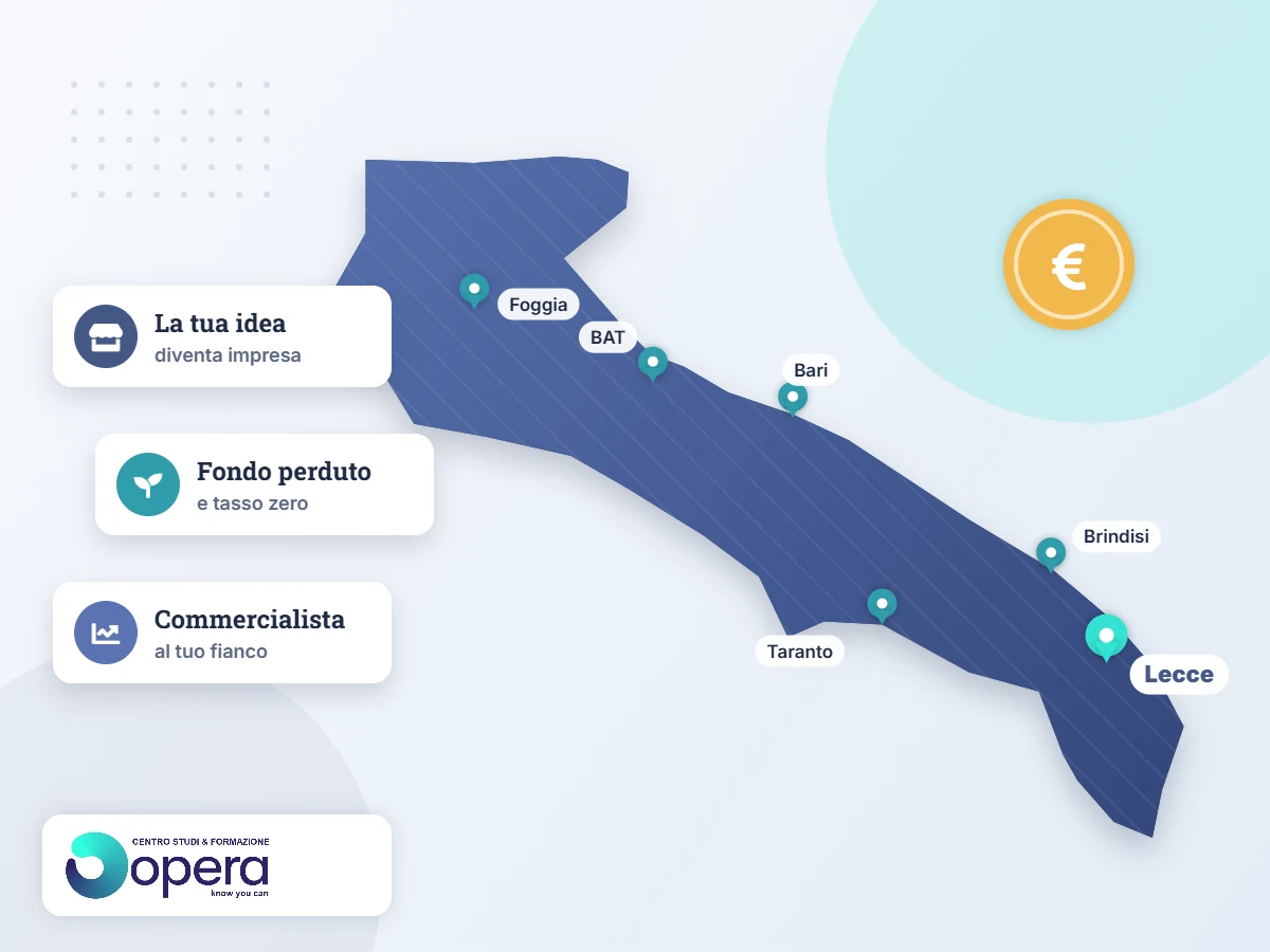 Finanza agevolata Puglia: nuova impresa Mappa della Puglia con Lecce, Bari, Taranto e Foggia: aprire una nuova impresa con la finanza agevolata e un commercialista al fianco